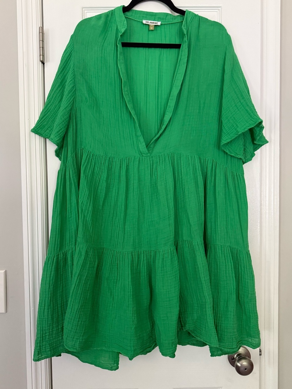 Celandine 100% Cotton Gauze Tiered Mini Dress Green 1X Boho